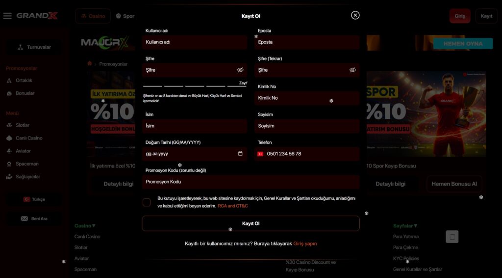 grandx üyelik işlemleri